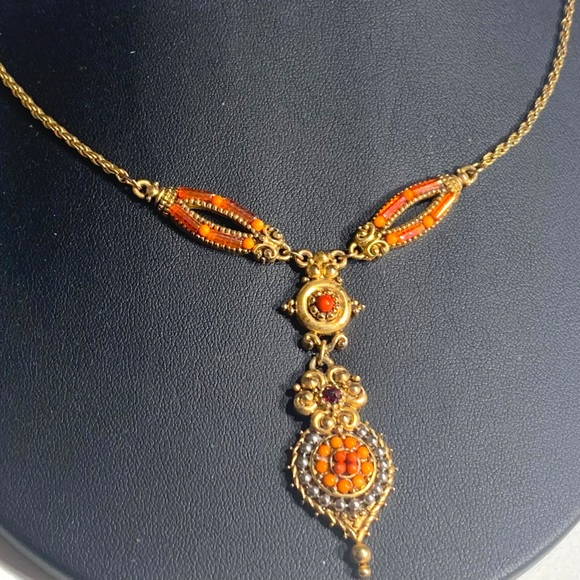 Coral Beaded Y Drop Pendant Necklace & Earrings Set Ornate Faux Garnets - Picture 2 of 8